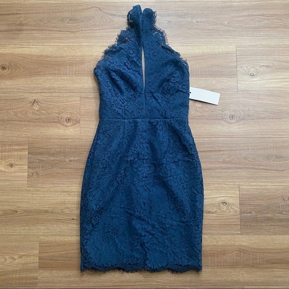 𝅺Keepsake | Navy Sublime Dreams Halter Lace Dress - Picture 3 of 7